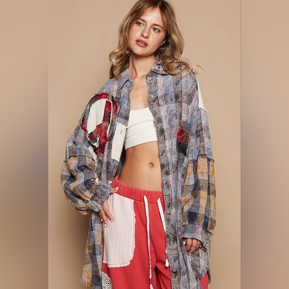 NWT POL Peace Plaid Patchwork Oversize Button down Bohemian Shirt Shacket - Picture 10 of 10